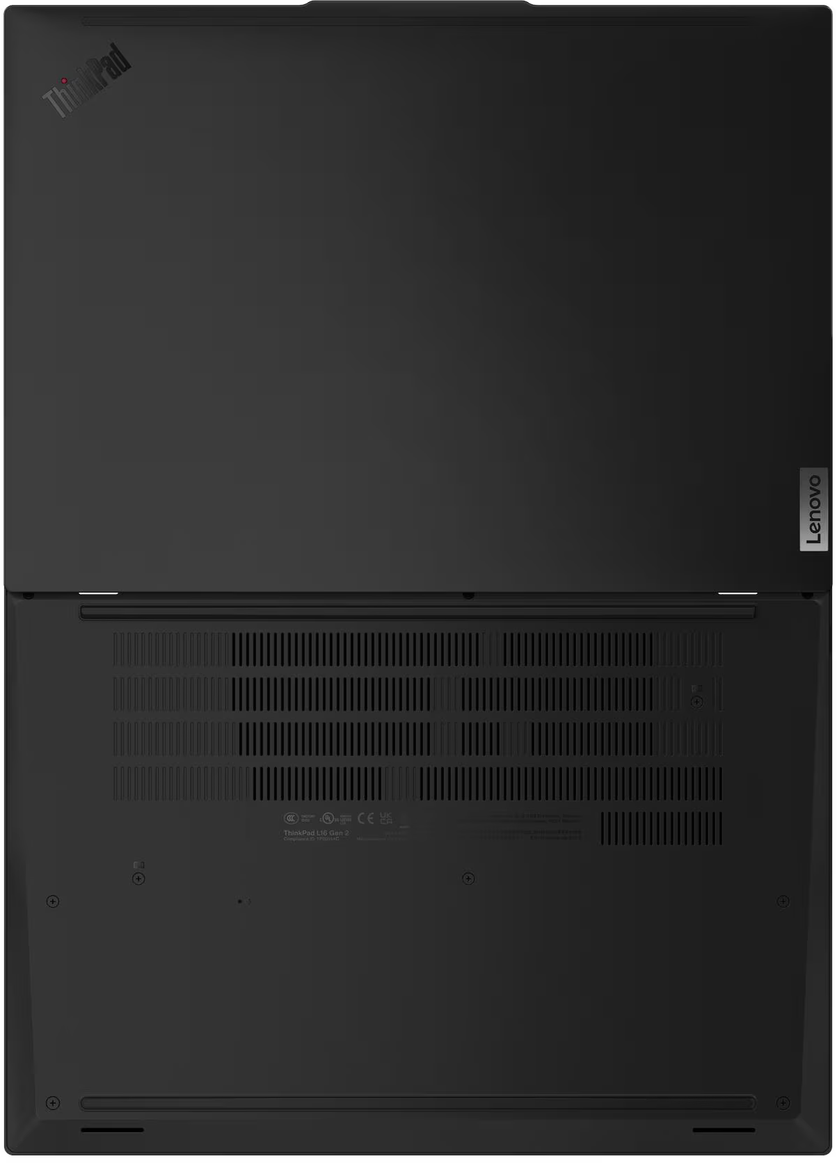Fekete Lenovo laptop ThinkPad logóval a bal felső sarokban és szellőzőkkel alul.