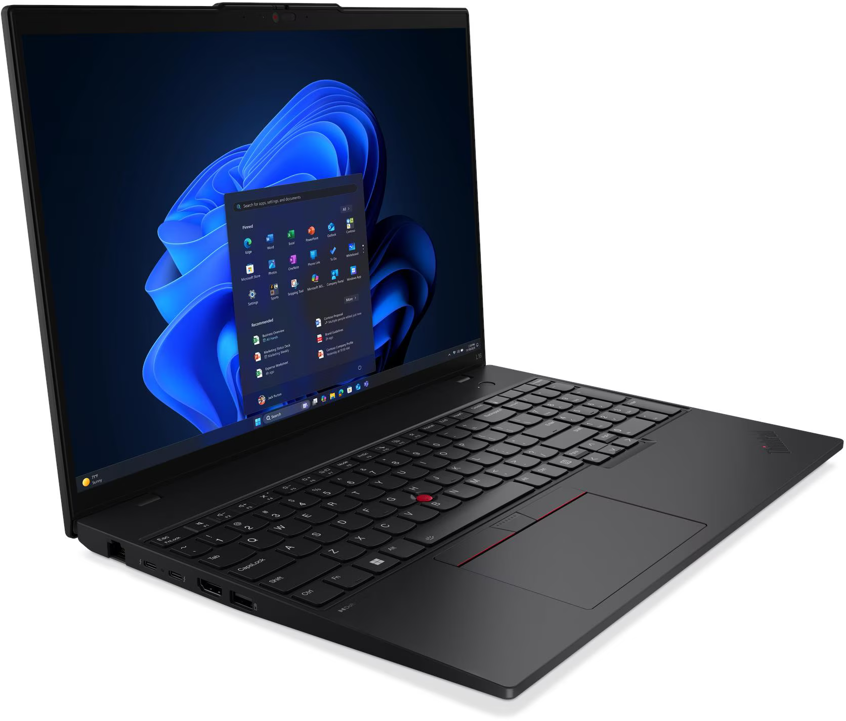Fekete laptop nyitott Windows start menüvel és kék háttérképpel.