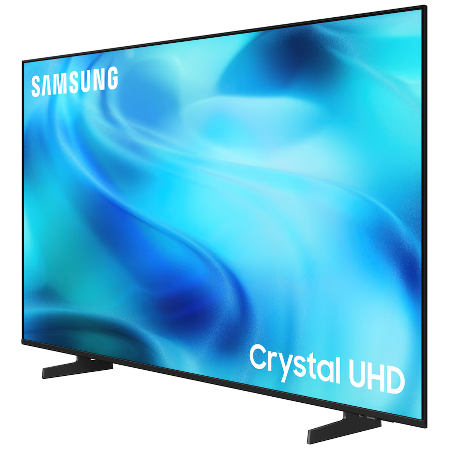 A Samsung Crystal UHD TV with a blue abstract background.
