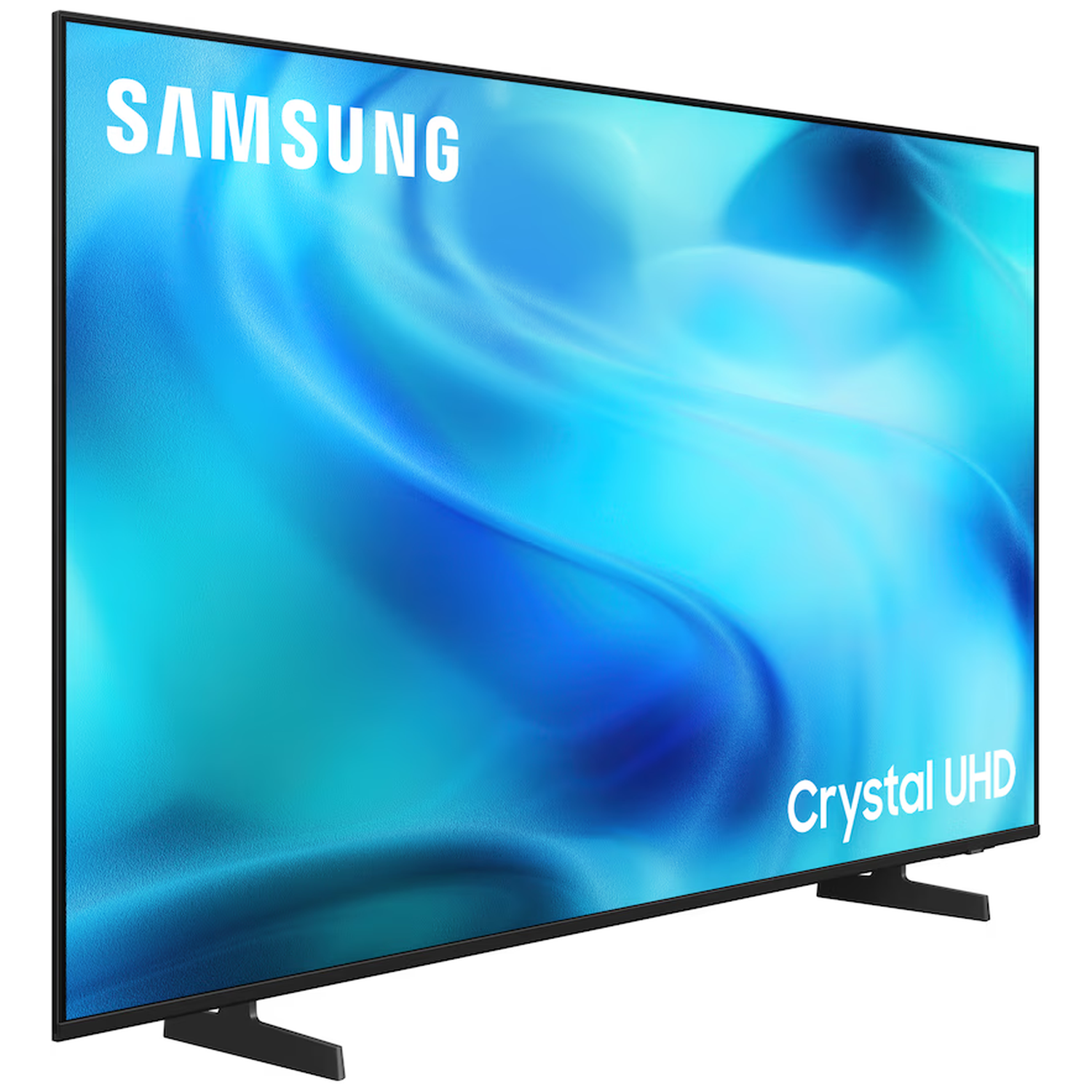 A Samsung Crystal UHD TV with a blue abstract background.