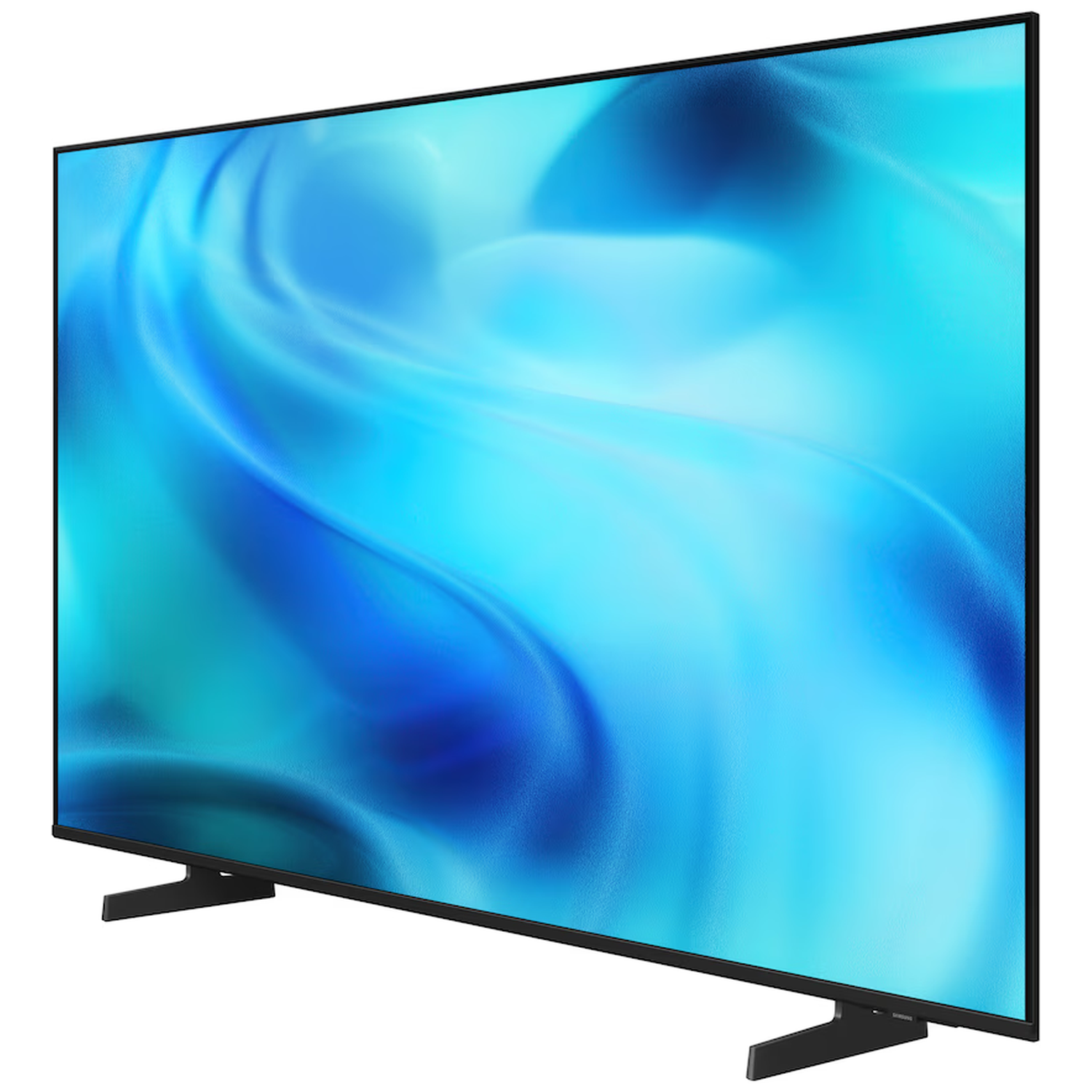 A modern flat-screen TV displaying a blue, swirling pattern on its screen.