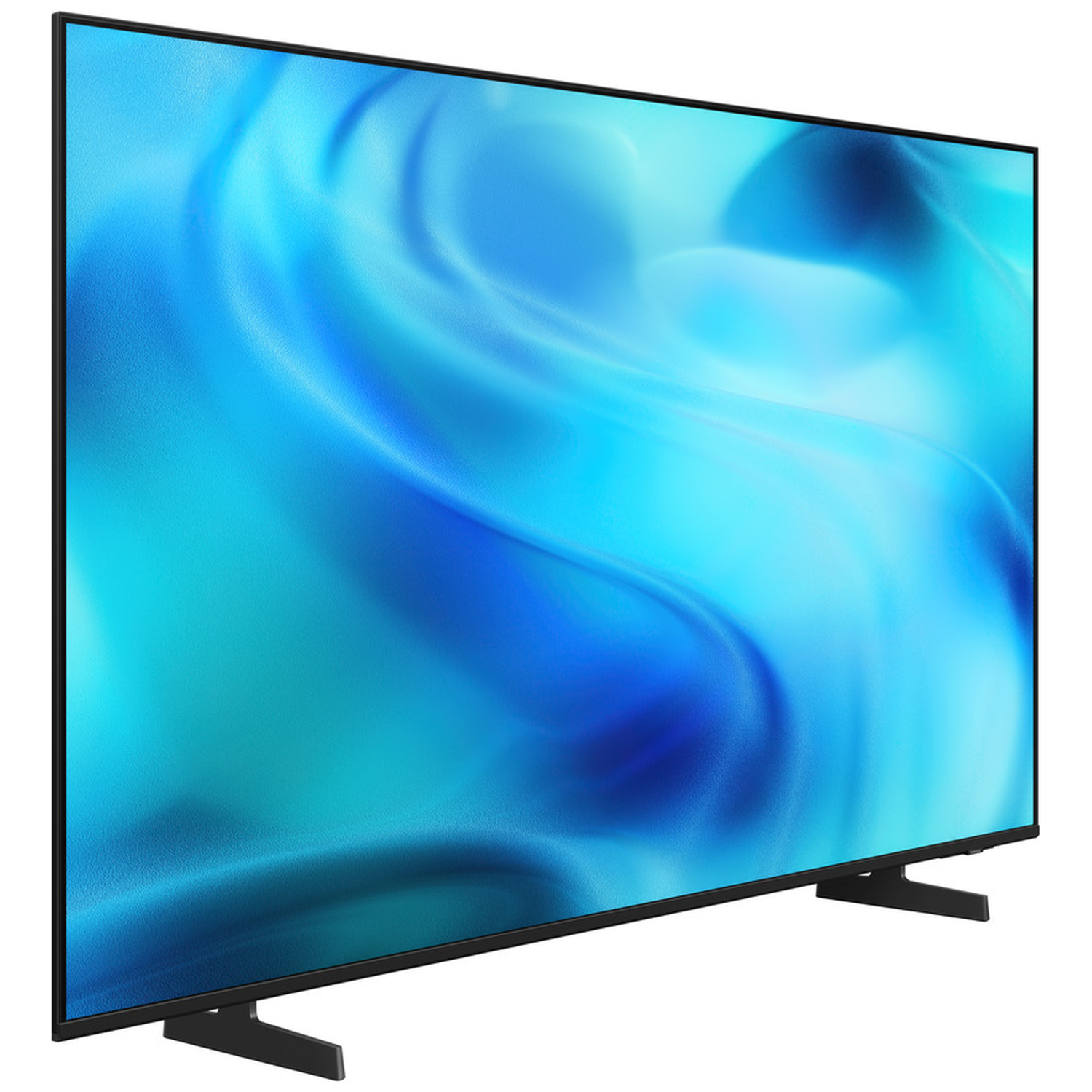 A modern flat-screen TV displaying a blue, swirling pattern on its screen.