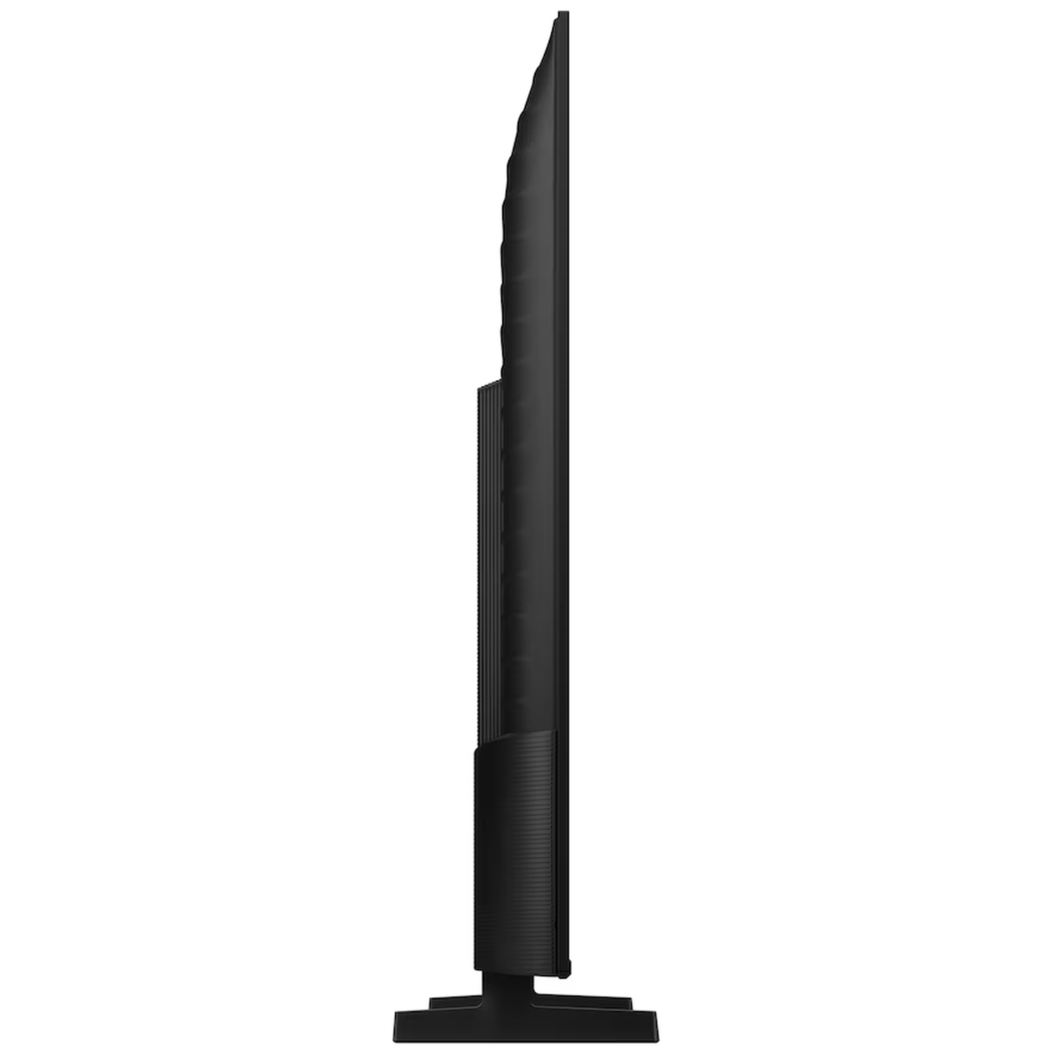 Side view of a black flat-screen TV on a white background.