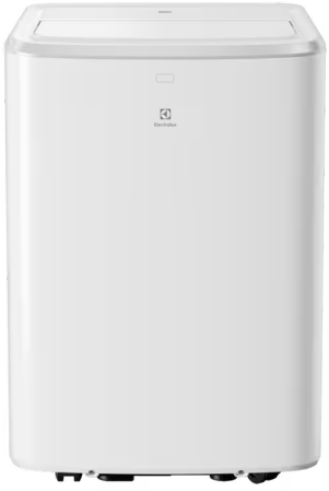 Fehér, álló, hordozható légkondicionáló Electrolux logóval.