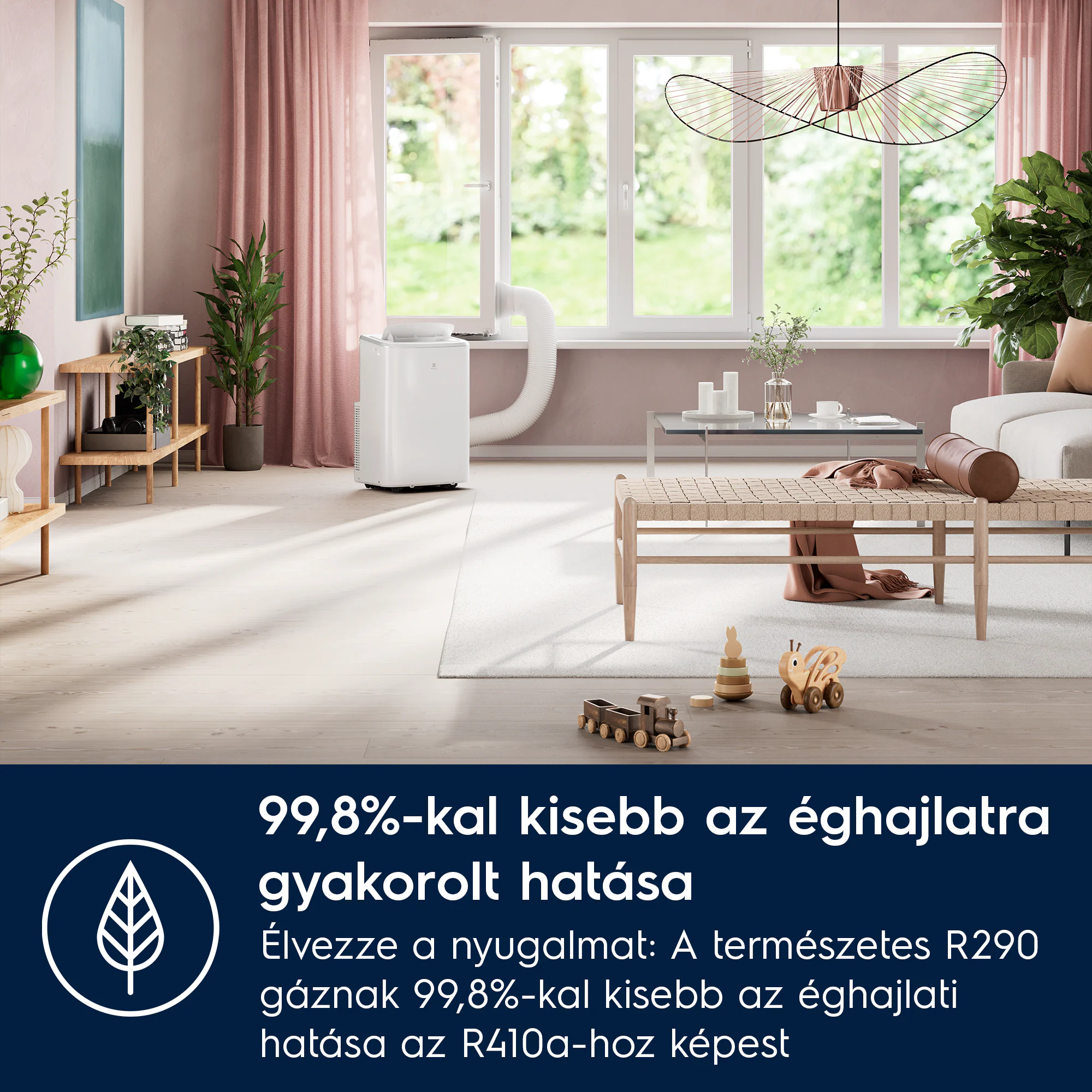 Fehér légkondicionáló csővel ablak előtt. Környezeti hatásról szóló szöveg.