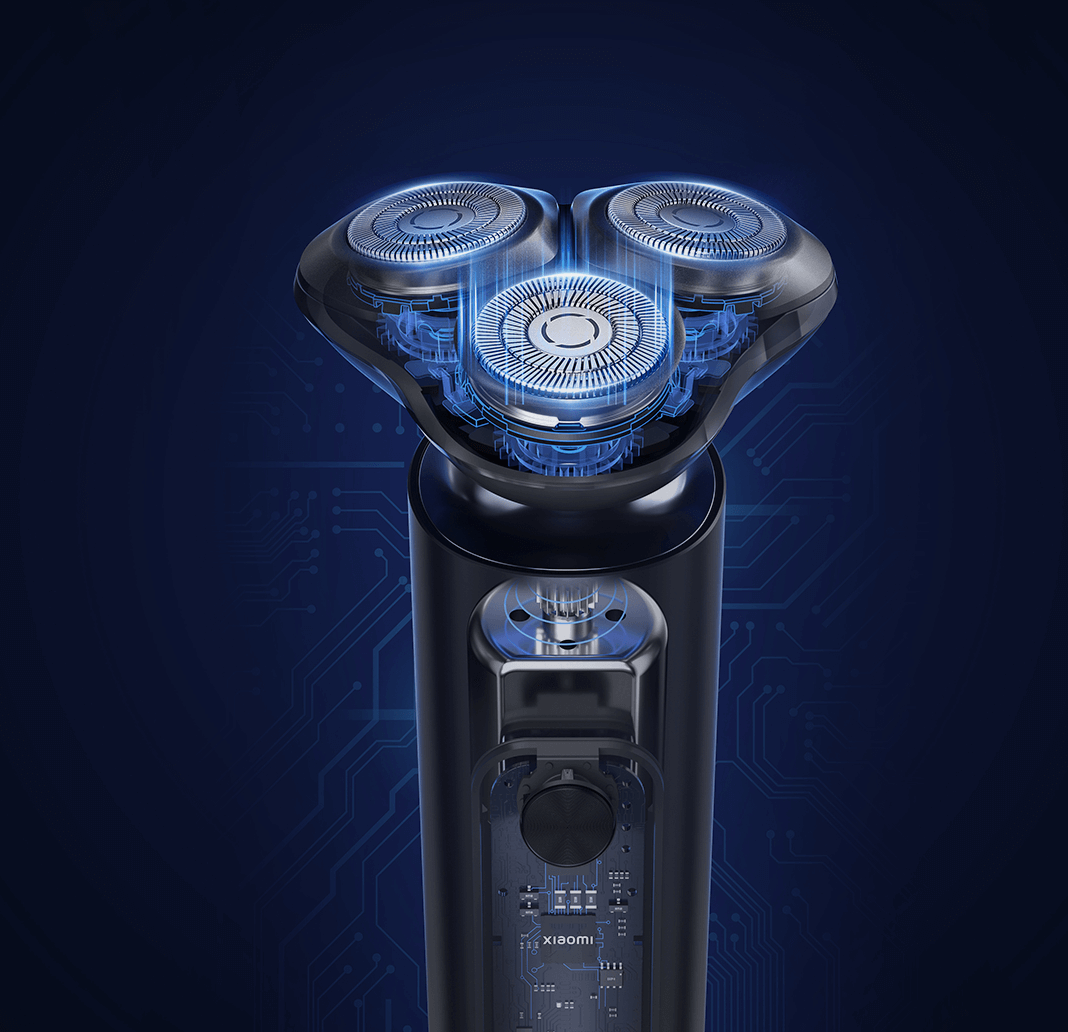Egy fekete-kék vázlatos kép egy borotváról, világító kék belső alkatrészekkel.