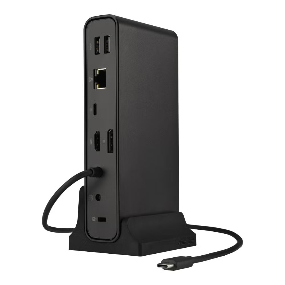 Fekete ASUS dokkolóállomás portokkal: USB-A, Ethernet, HDMI, USB-C. Állványon.