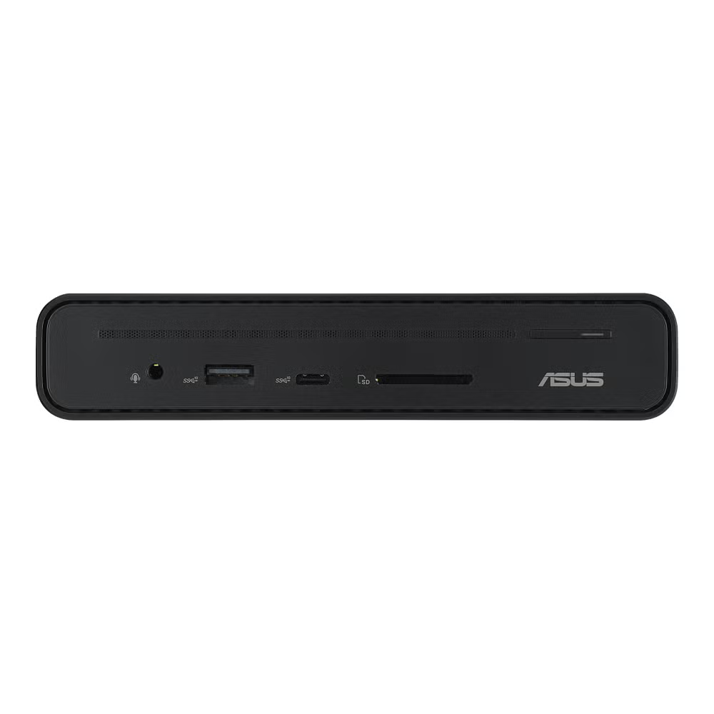 Fekete ASUS mini PC portokkal: fejhallgató, USB, USB-C és SD kártyaolvasó.