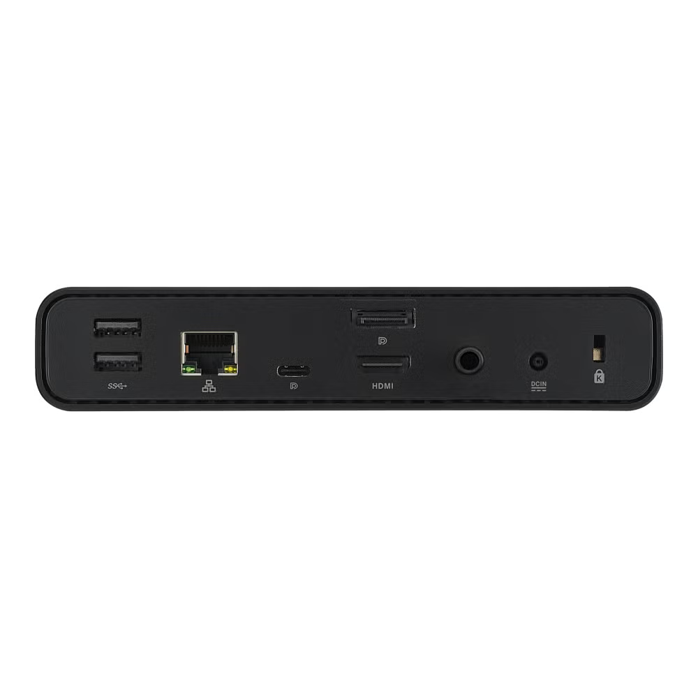 Fekete eszköz portokkal: 2x USB, Ethernet, USB-C, HDMI, Audio, DCIN.