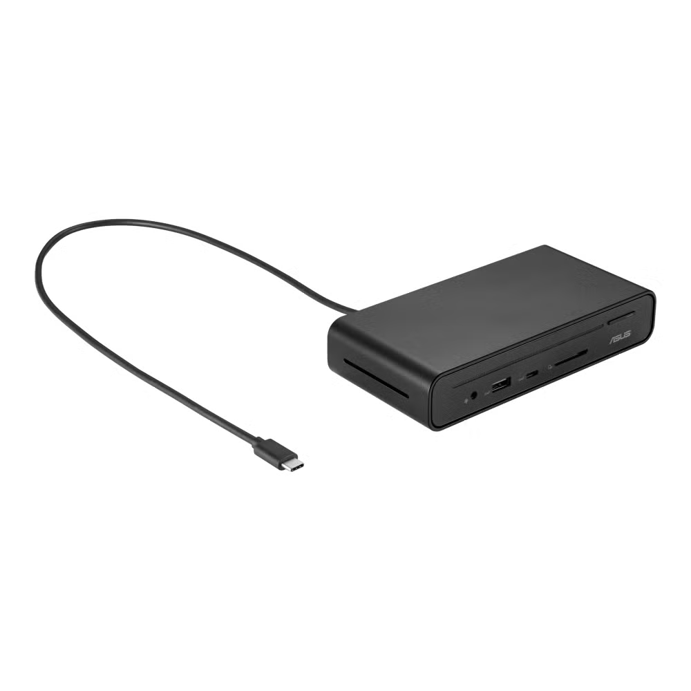 Fekete ASUS dokkolóállomás USB-C kábellel fehér háttéren.