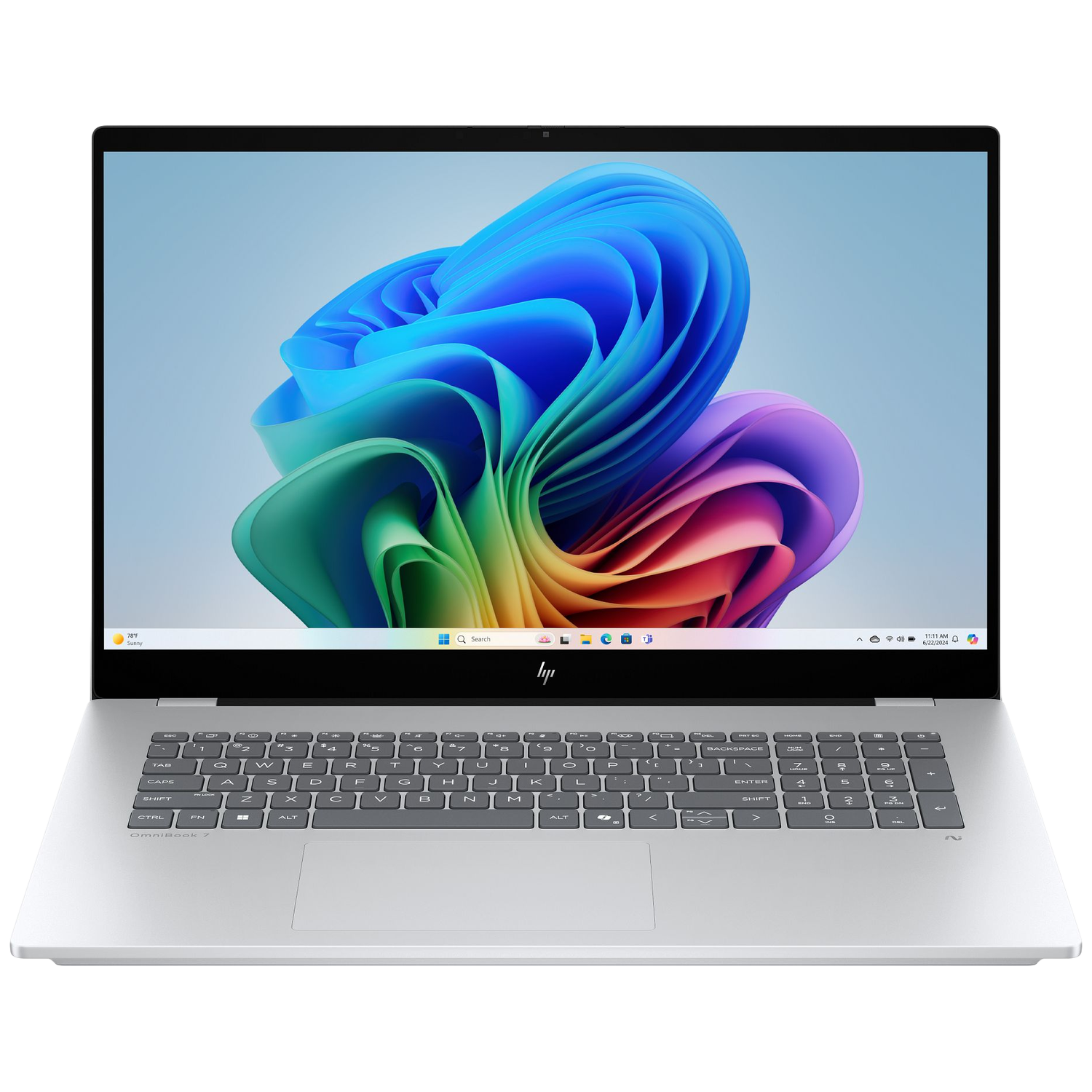 A silver HP OmniBook 7 laptop is open, displaying a colorful abstract wallpaper on its screen.