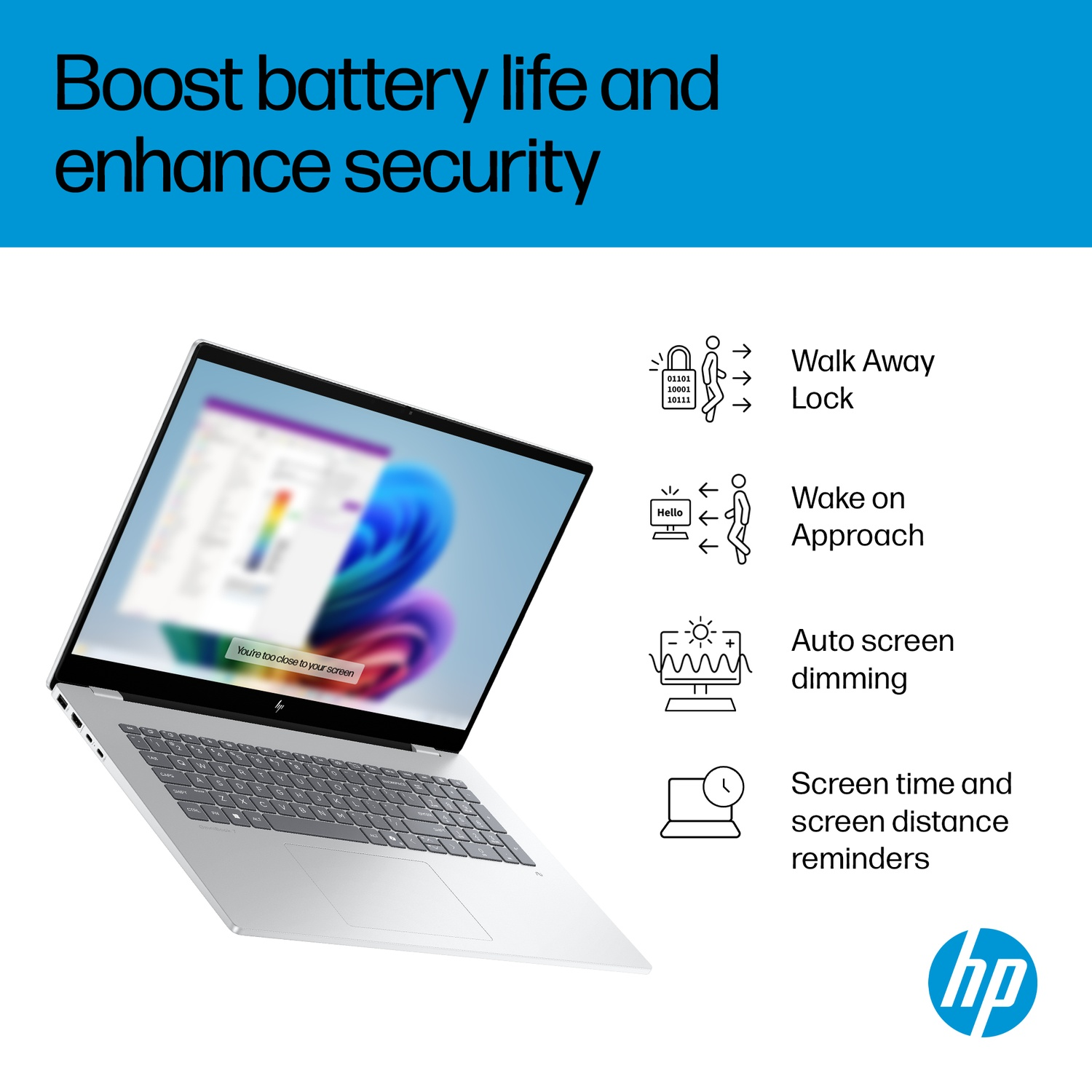 A laptop displaying features for battery life and security.