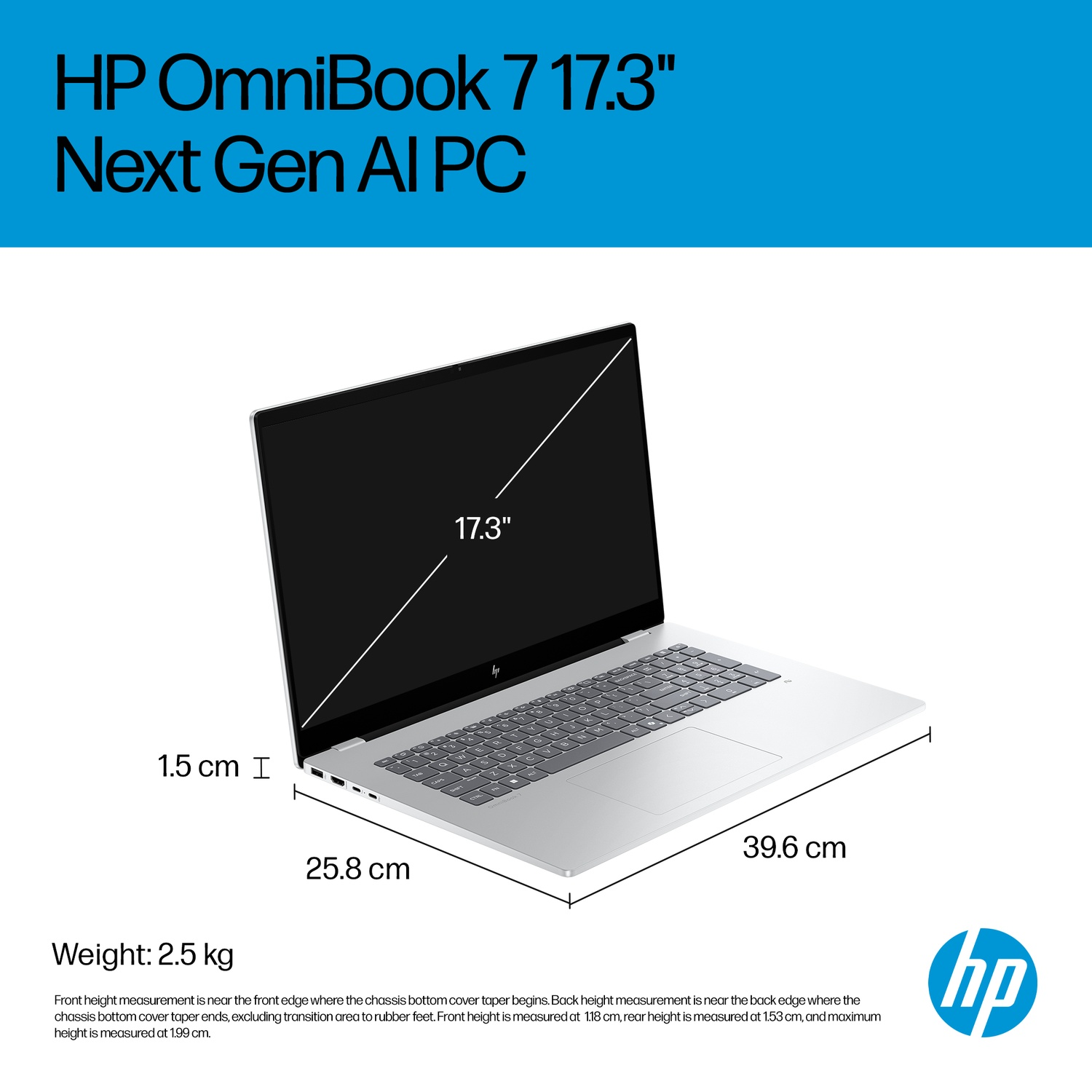 Silver HP OmniBook laptop with 17.3-inch screen, dimensions, and weight.