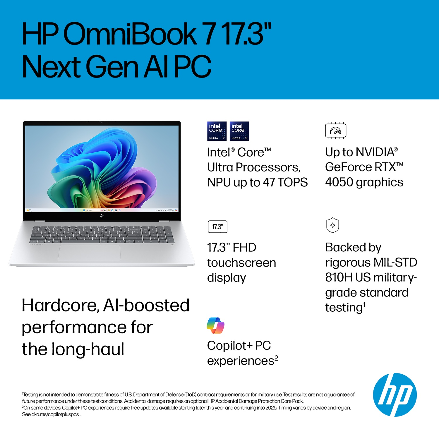 HP OmniBook 7 Laptop with Intel Core Ultra processors and NVIDIA RTX 4050 graphics.
