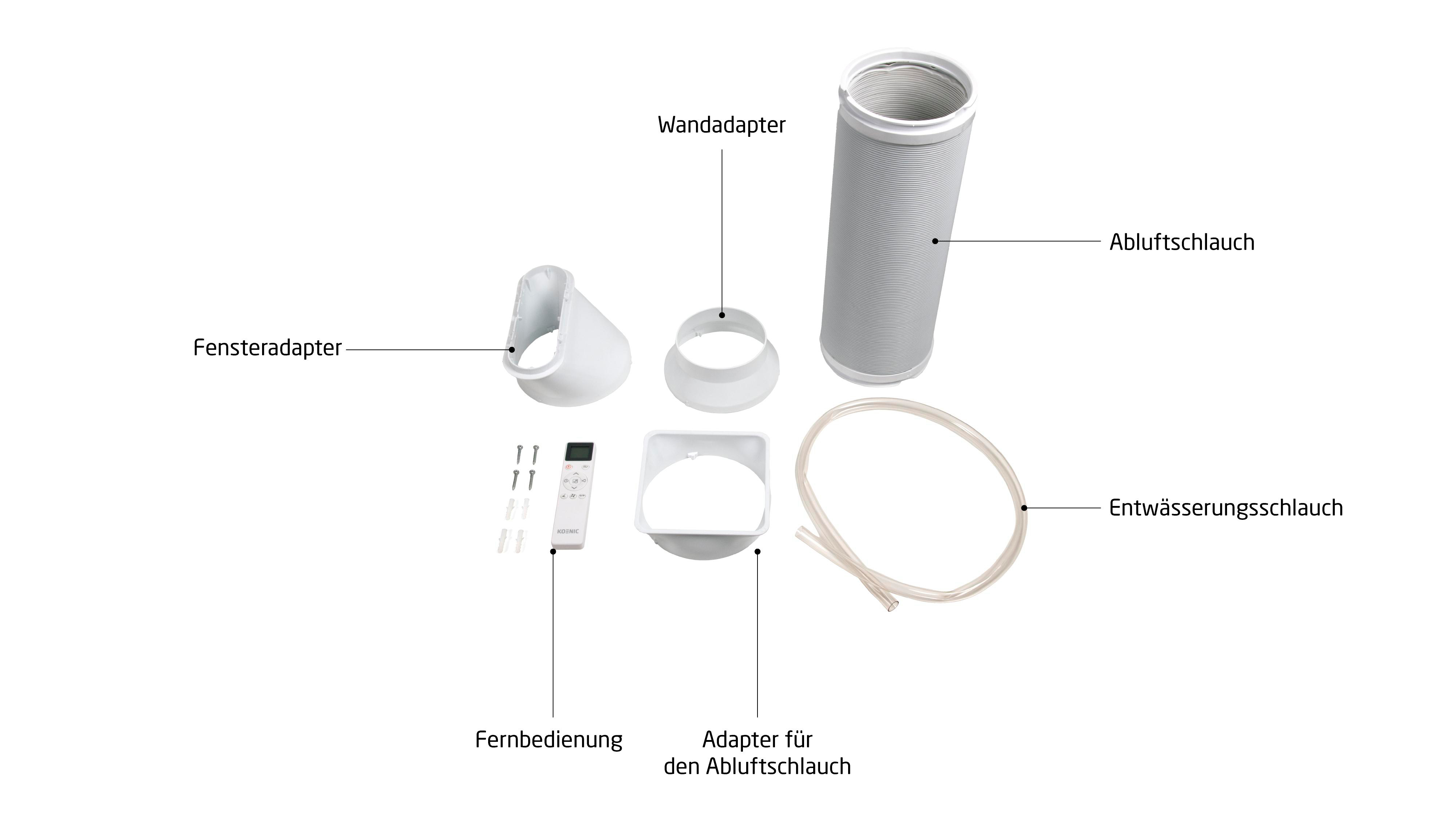 Weiße Adapter, Fernbedienung, Schrauben, Abluftschlauch und klarer Schlauch.