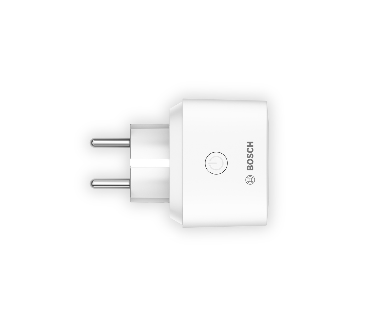 Ein weißer Bosch Smart Plug mit Netzstecker und Ein/Aus-Symbol.