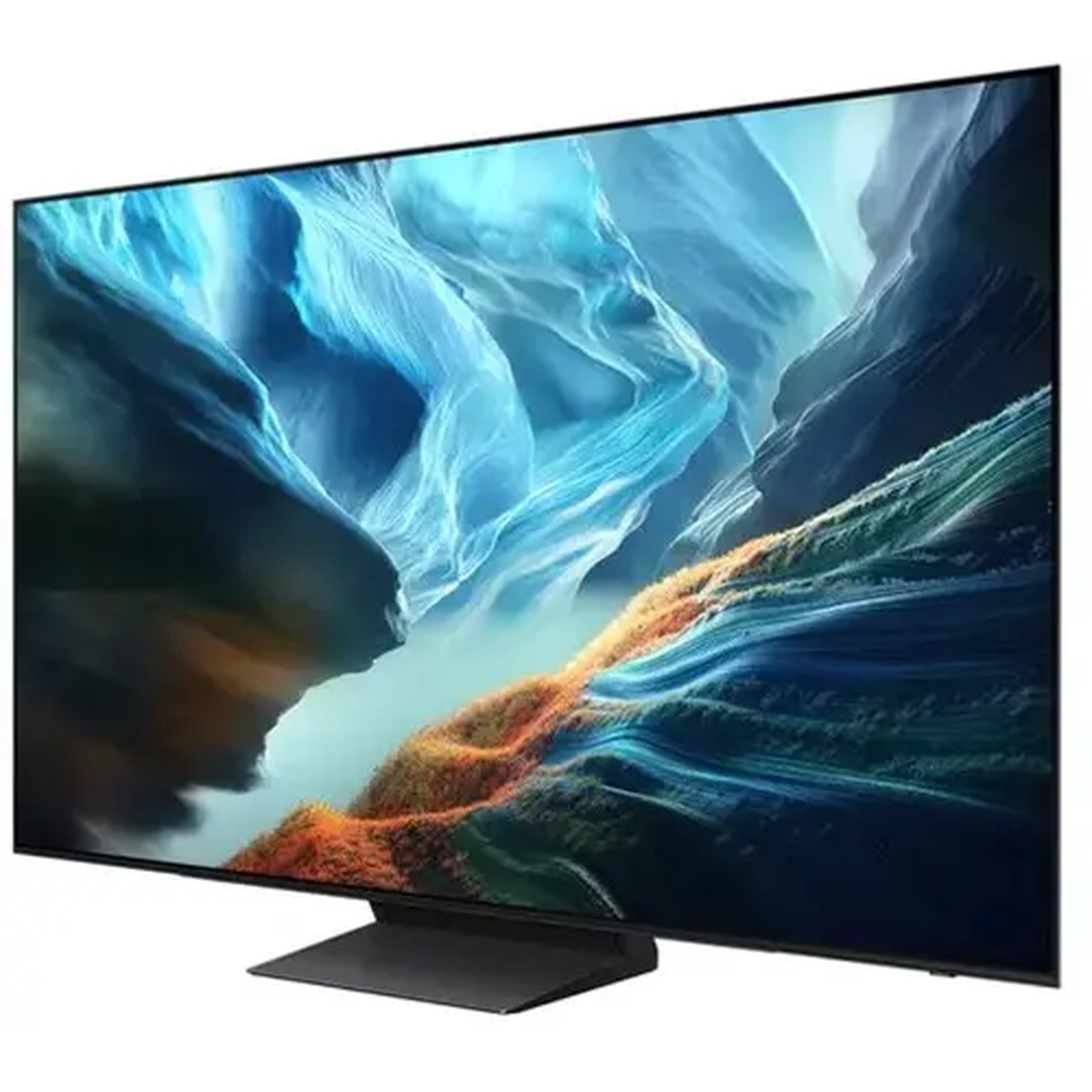A modern flat-screen TV displaying a colorful, abstract background image.