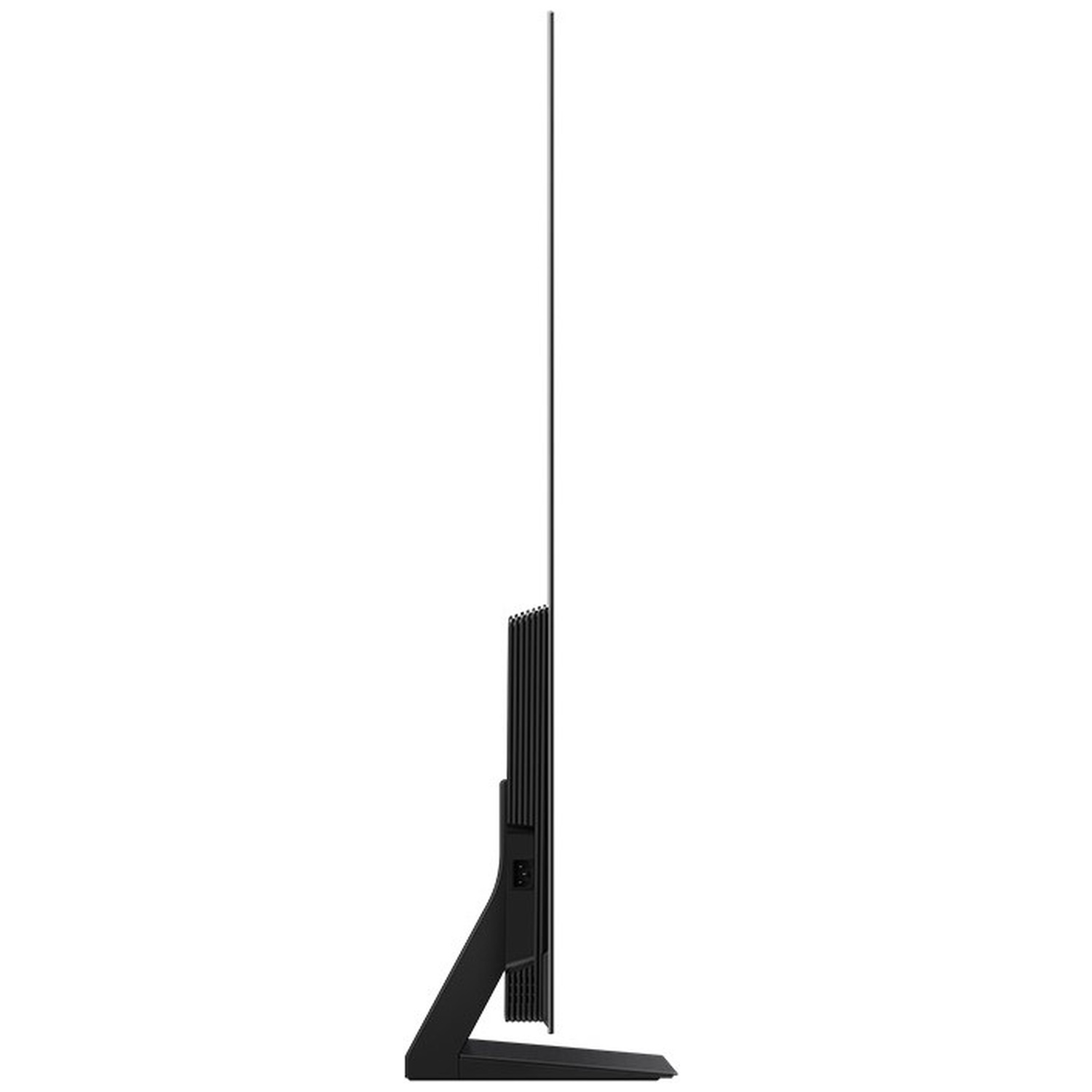 Side view of a slim black television with a narrow stand.