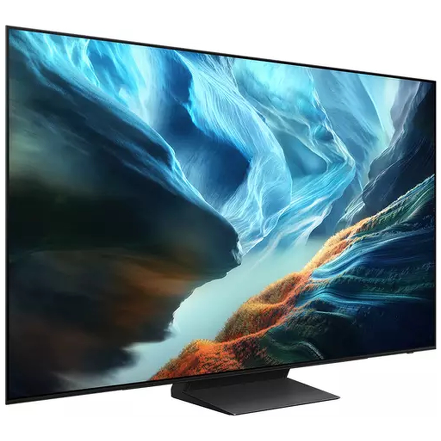 A modern flat-screen TV displaying an abstract blue and orange image.