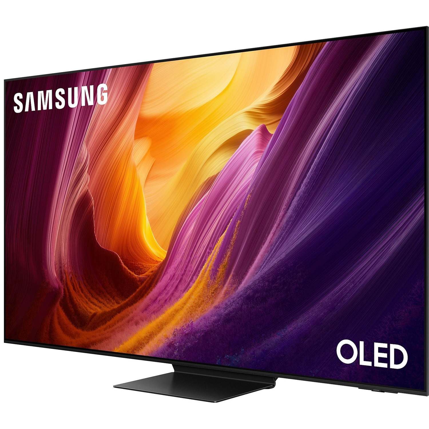 Une TV Samsung OLED affiche une image abstraite vibrante aux teintes violettes, jaunes et orangées.
