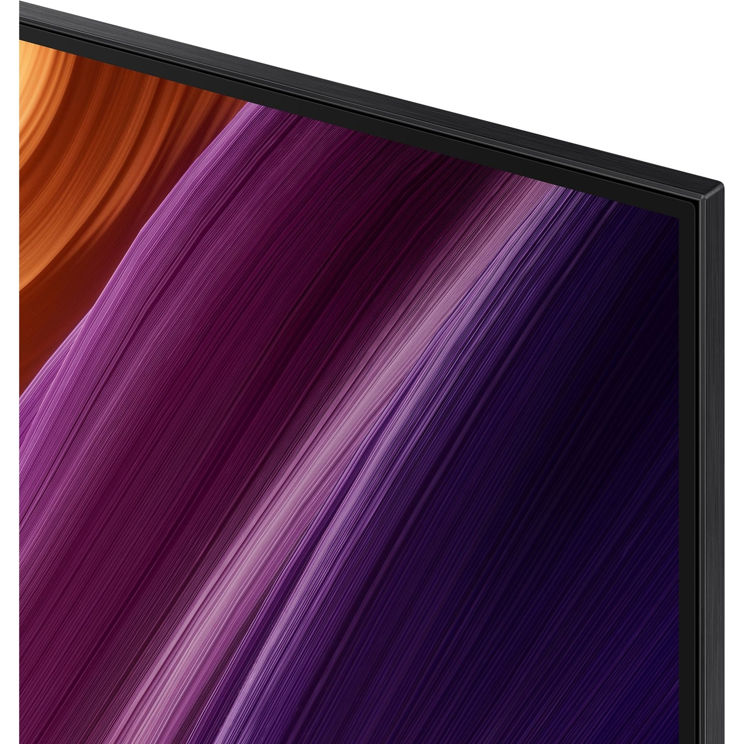 Gros plan d'un écran de télévision montrant des lignes abstraites et ondulées aux teintes orange et violettes.