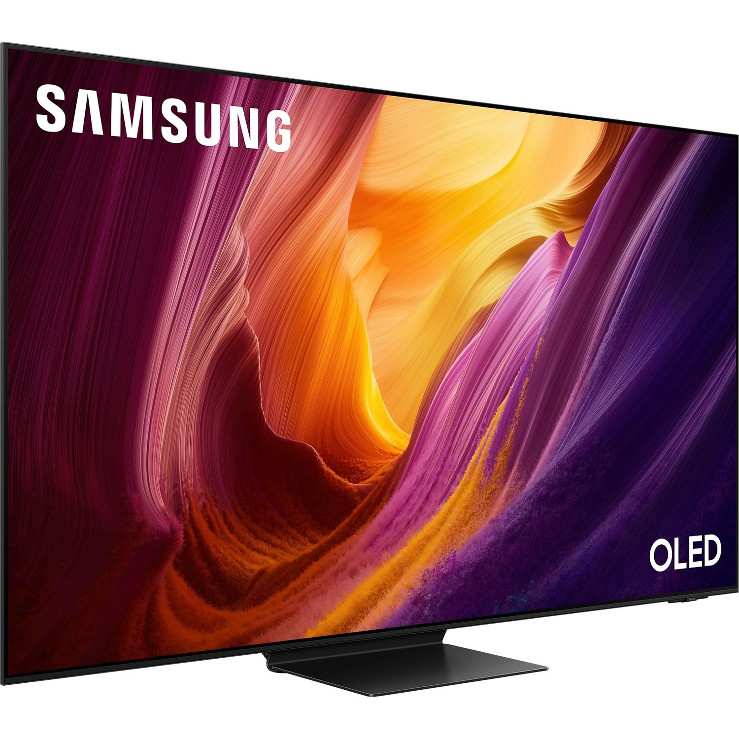 Samsung OLED TV met kleurrijke abstracte afbeelding in paars, roze, oranje en gele tinten.