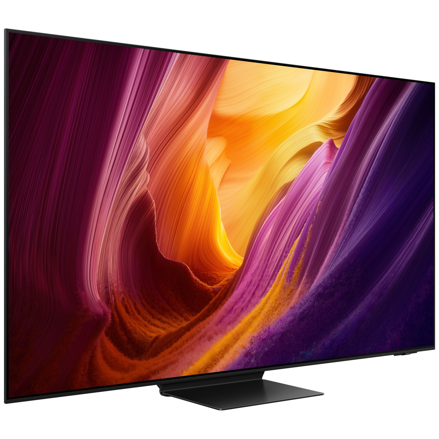 A modern flat-screen TV displaying a colorful, abstract wallpaper.