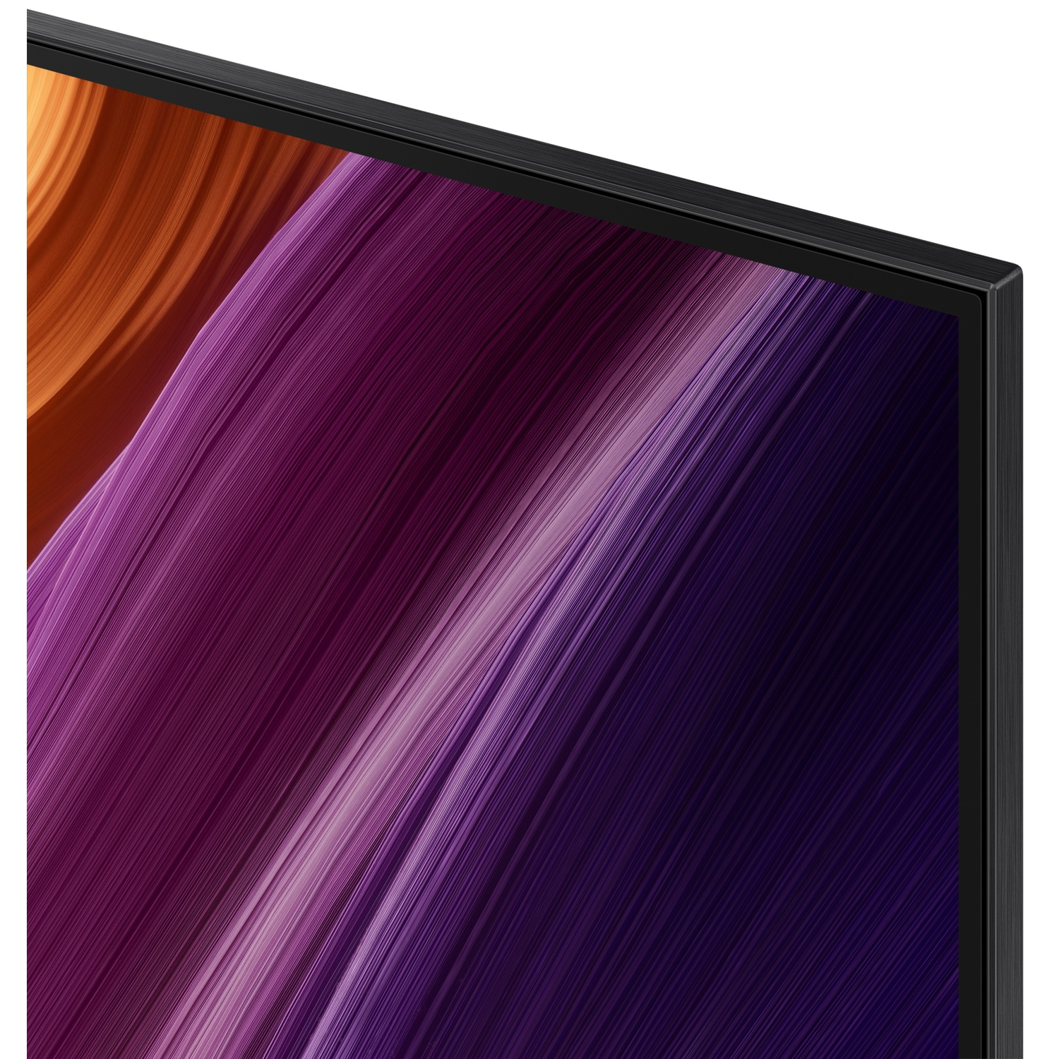 Close-up of a TV screen displaying abstract orange and purple lines.
