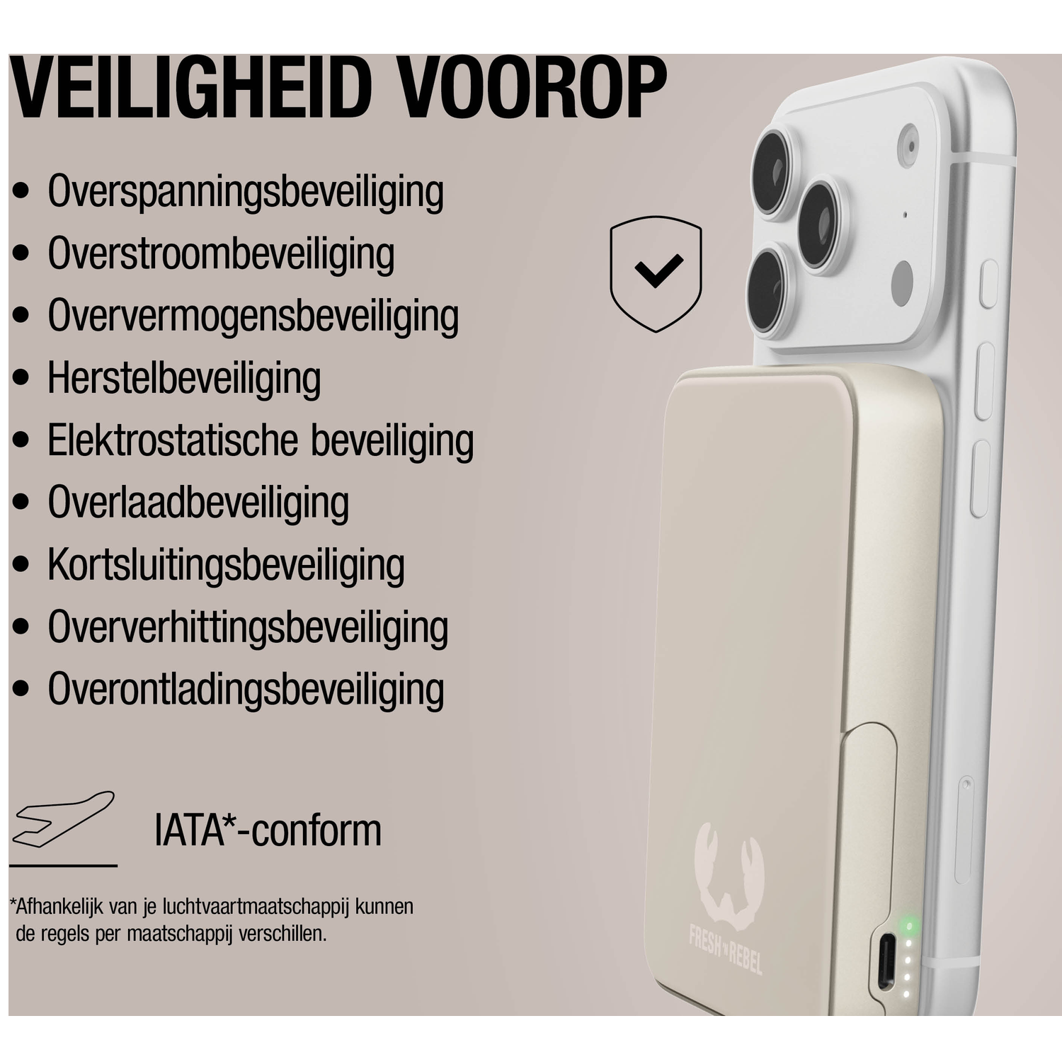 Safety first: List of safety features and a smartphone with power bank.