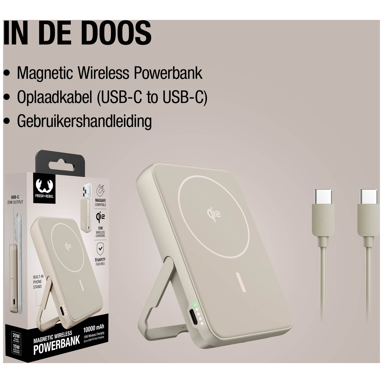 Beige powerbank with a stand and two USB-C cables next to it.