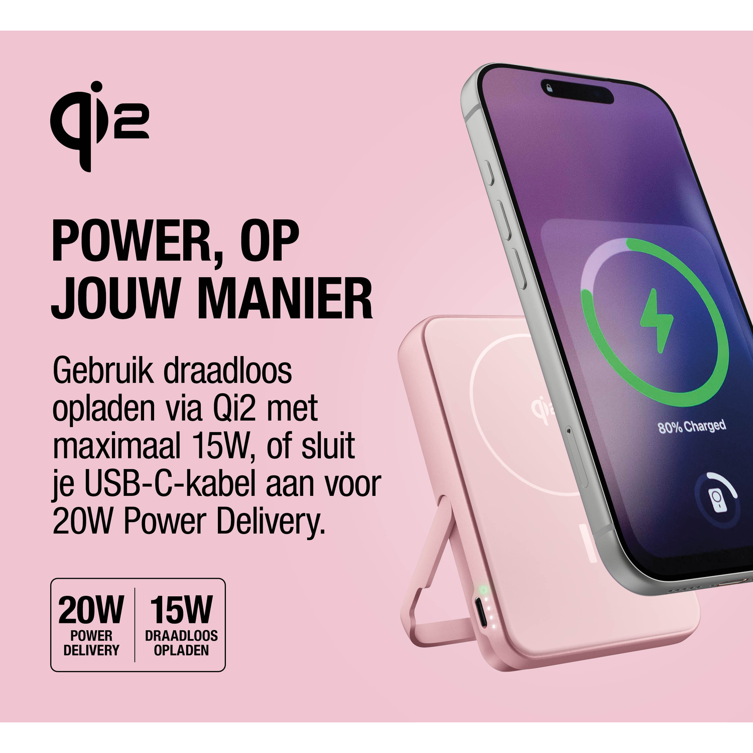 A pink Qi2 charger with an iPhone at 80% charged.