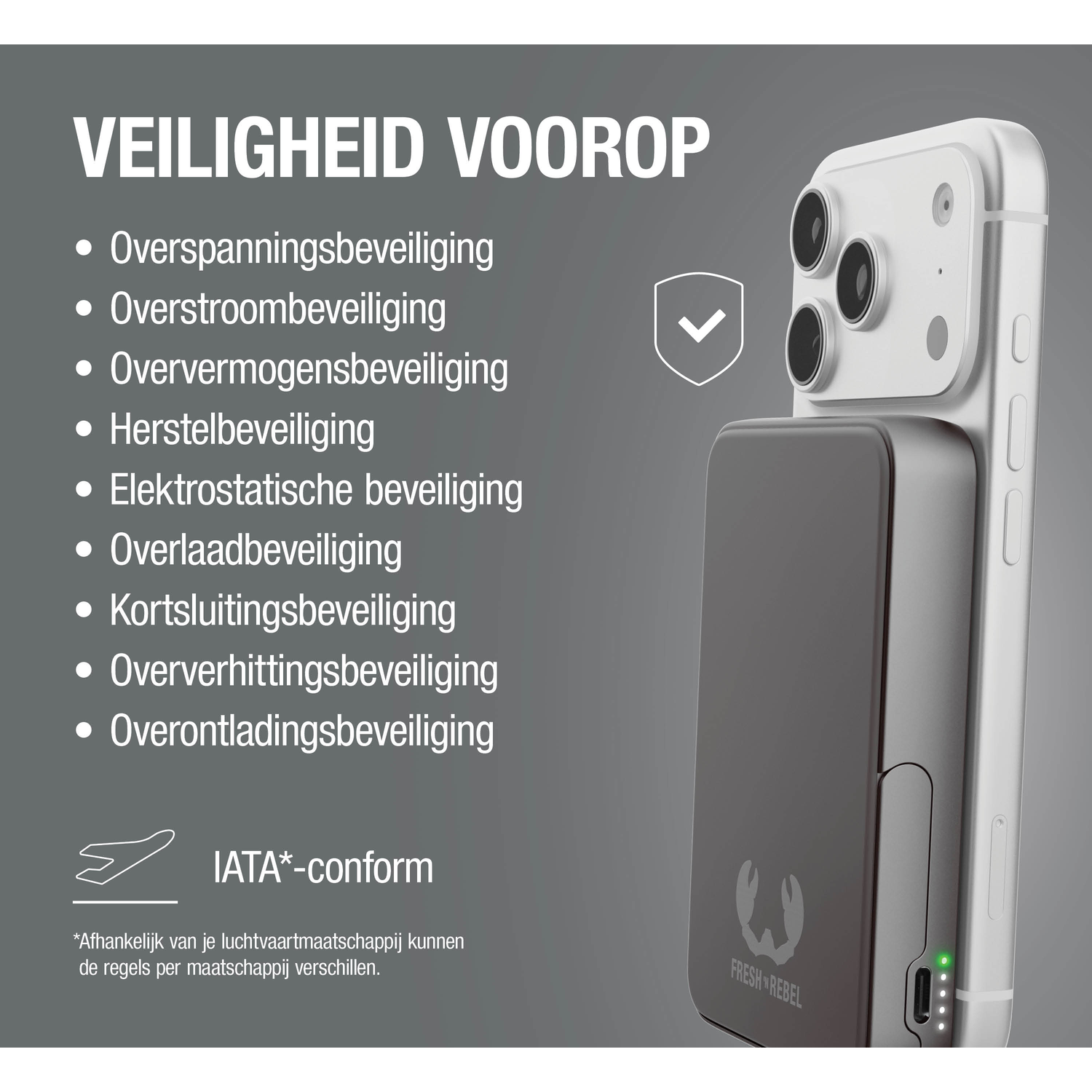 Safety first: List of safety features and a smartphone with power bank.