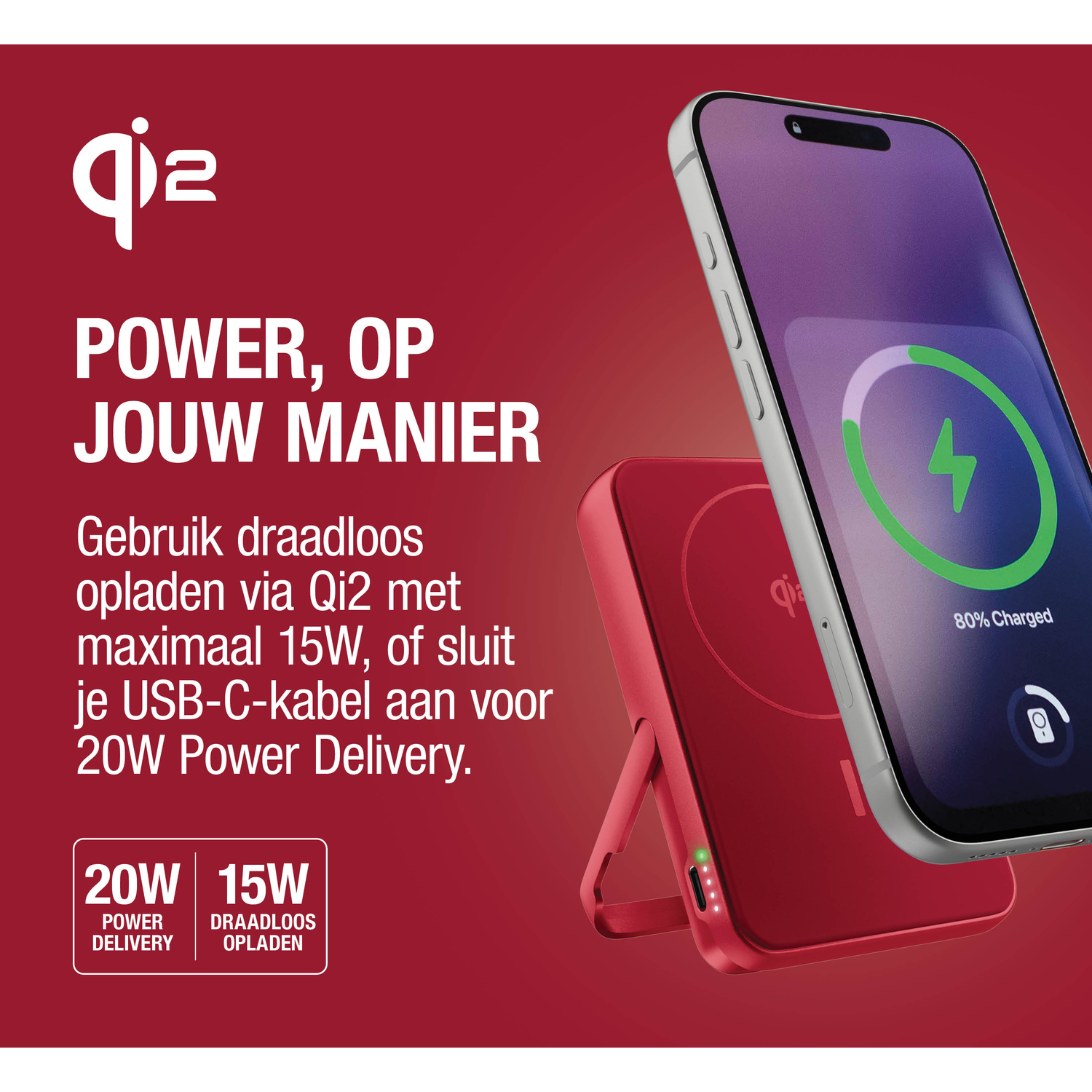 A red Qi2 charger with an iPhone showing 80% charged.