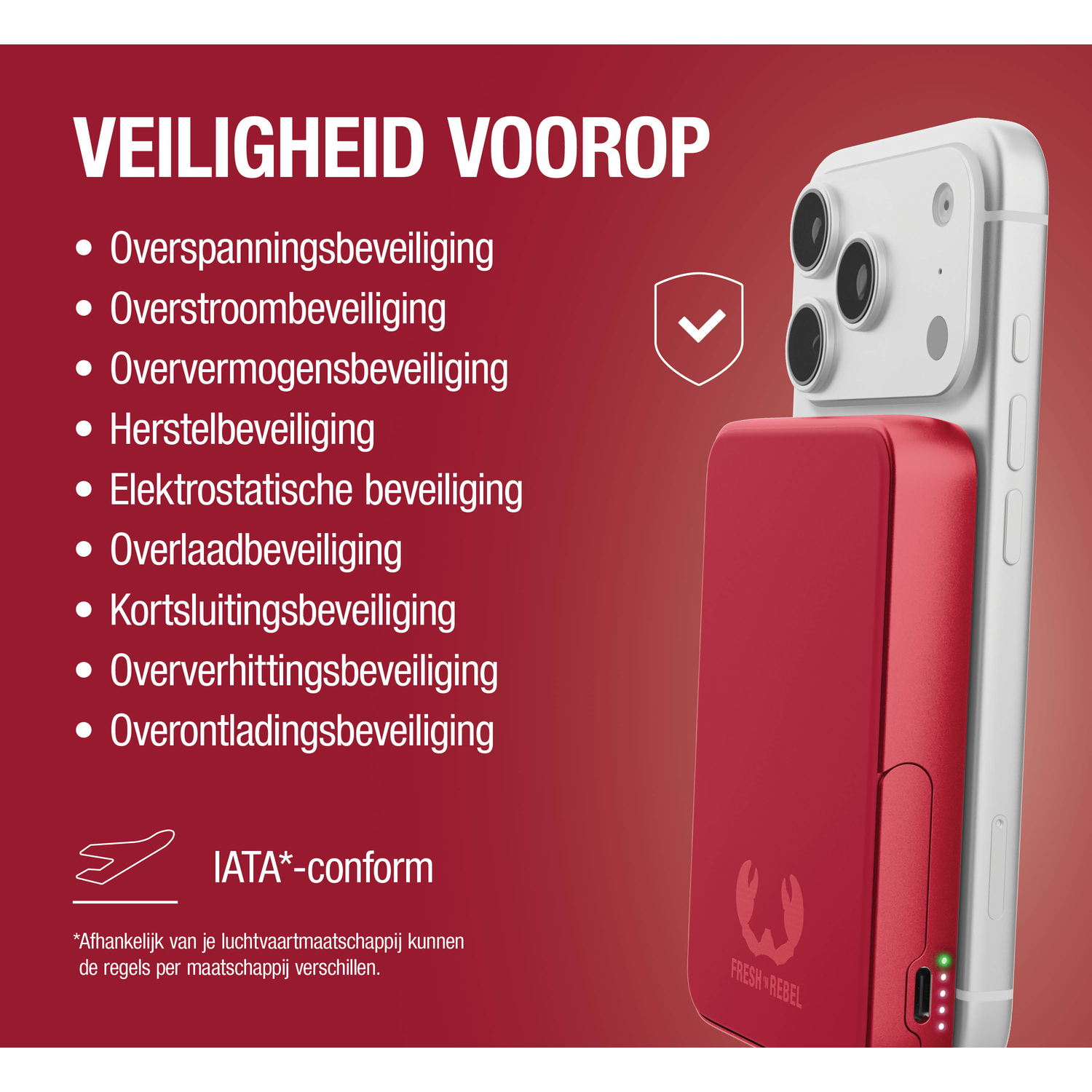 A power bank and smartphone with safety information and IATA compliance symbol.