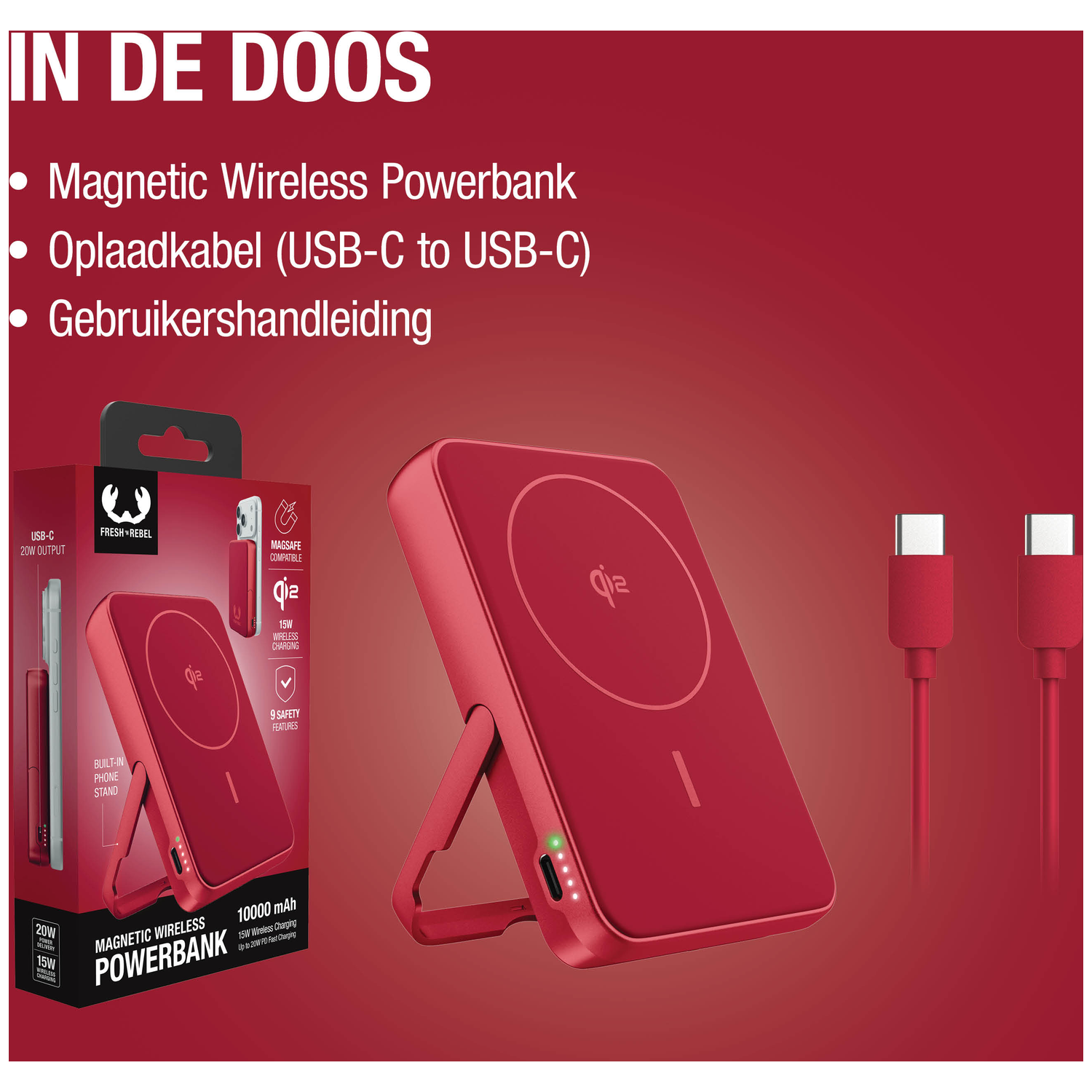 Red MagSafe powerbank with stand, USB-C cable, and manual.