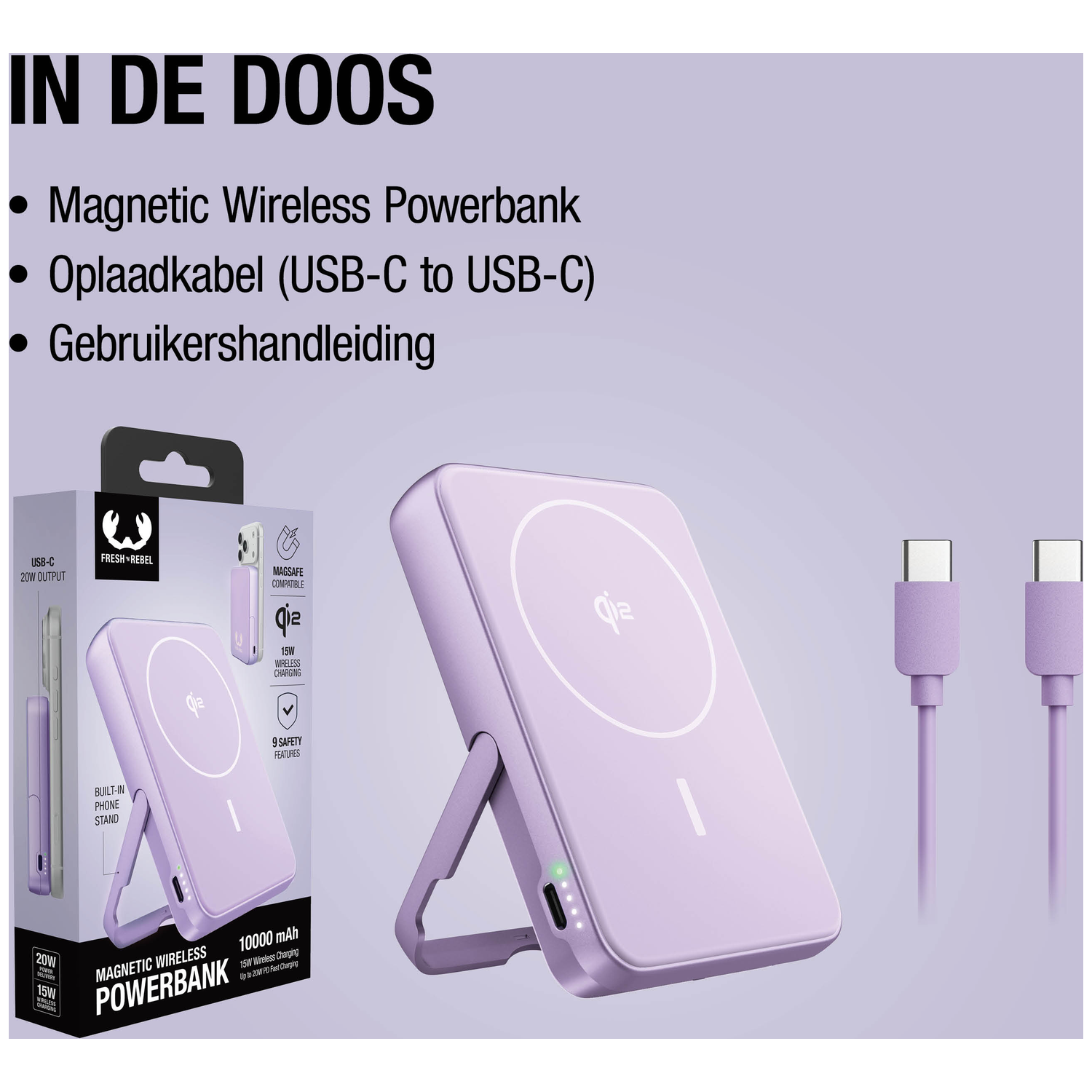 Purple powerbank with charging cable and packaging, with text 'IN DE DOOS'