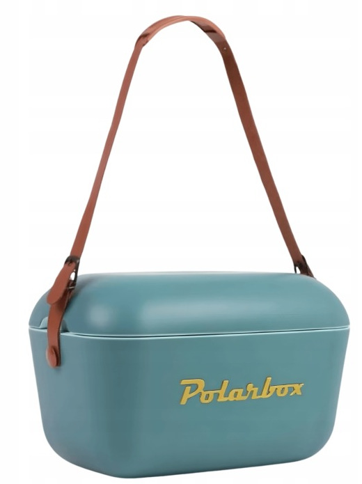 Turkusowa lodówka turystyczna z brązową skórzaną rączką i złotym napisem Polarbox.
