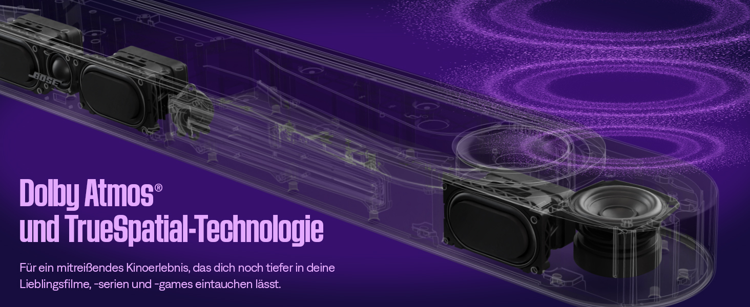Bose Soundbar: Transparente Ansicht mit Lautsprechern und Dolby Atmos.