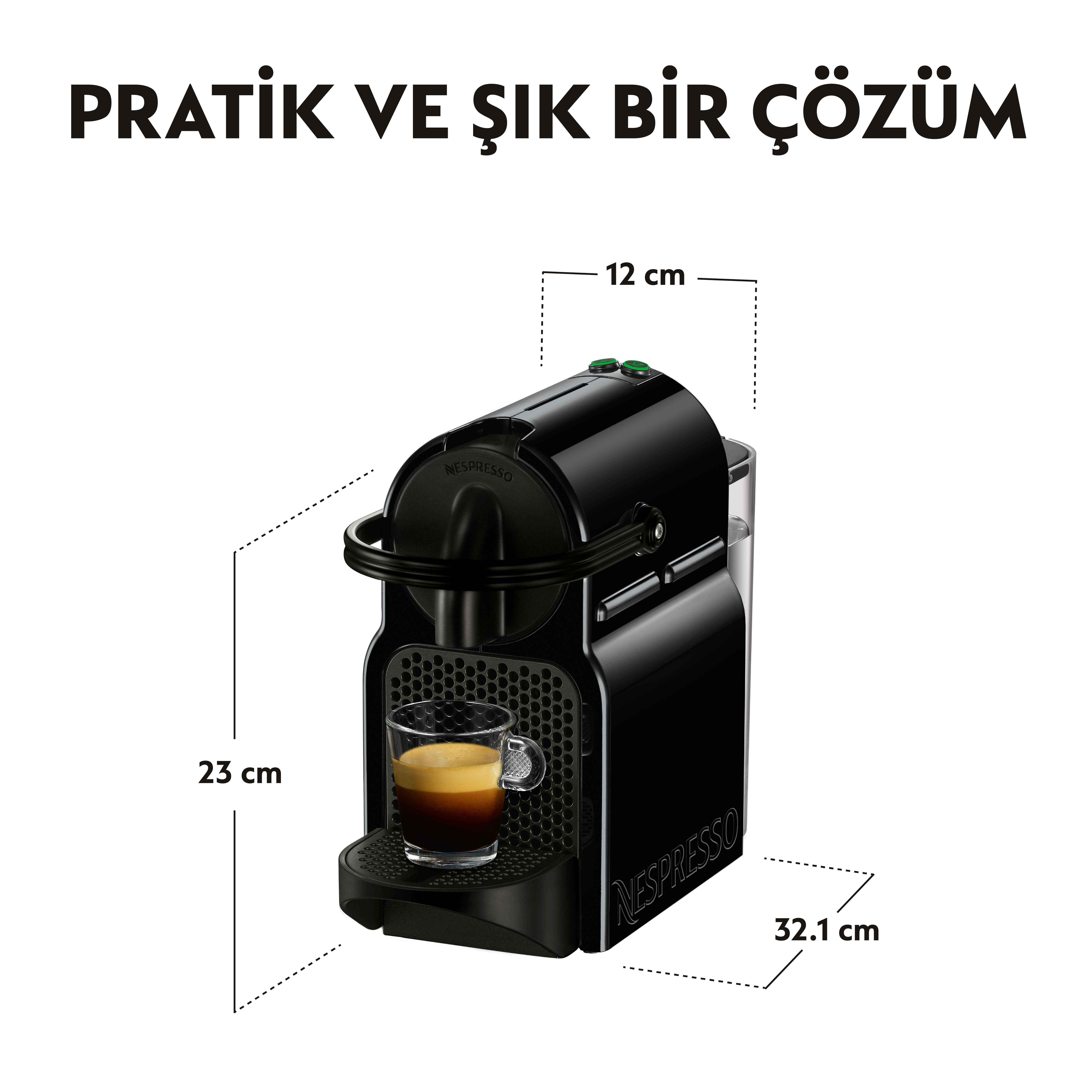 Camlı siyah kahve makinesi, ölçüler 12x23x32.1cm.