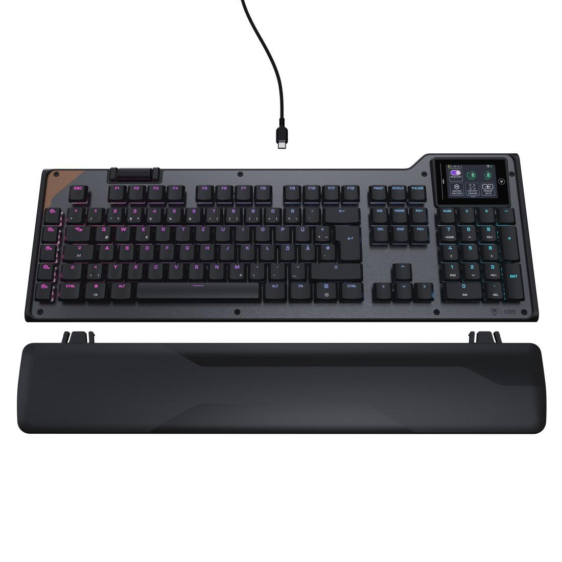 Eine schwarze mechanische Tastatur mit RGB-Beleuchtung und separater Handballenauflage.