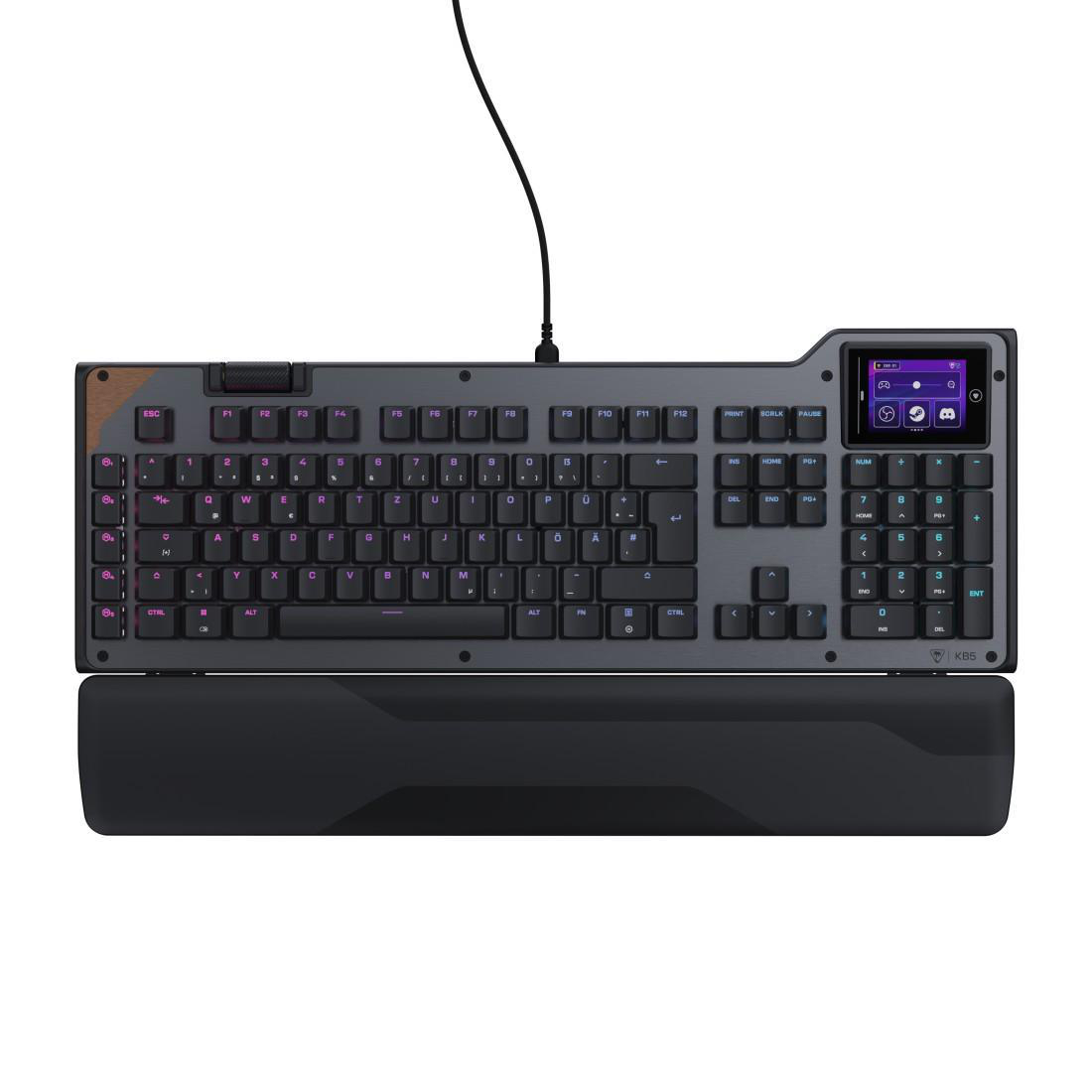 Eine graue mechanische Tastatur mit Holzakzenten und einer Handgelenkauflage.