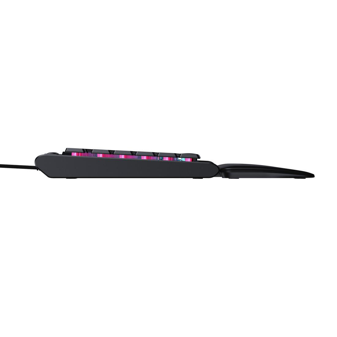 Schwarze Tastatur mit RGB-Beleuchtung, von der Seite gesehen.