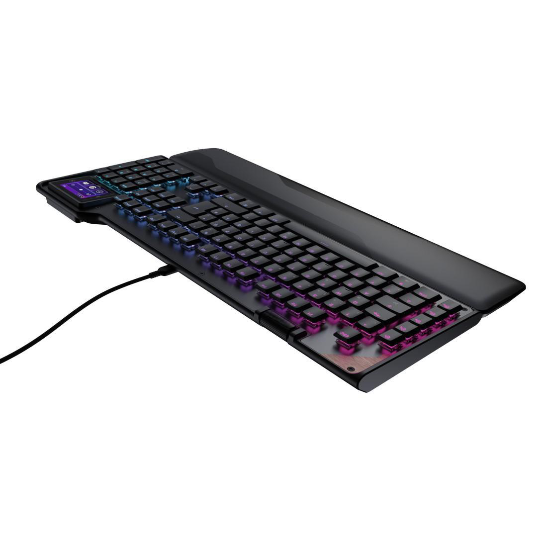 Schwarze Tastatur mit RGB-Beleuchtung und Handgelenkauflage, mit Kabel.