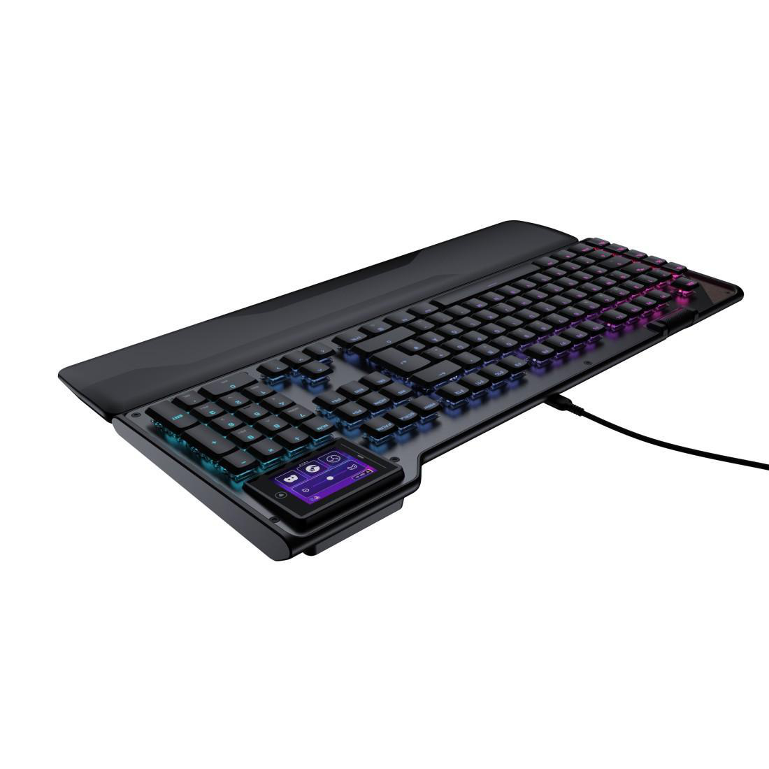 Eine schwarze Gaming-Tastatur mit beleuchteten Tasten und einem kleinen Bildschirm.