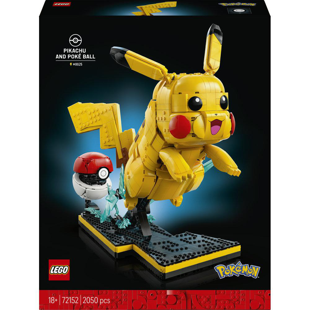 LEGO Pikachu und Pokeball Set auf schwarzem Hintergrund. Enthält 2050 Teile.