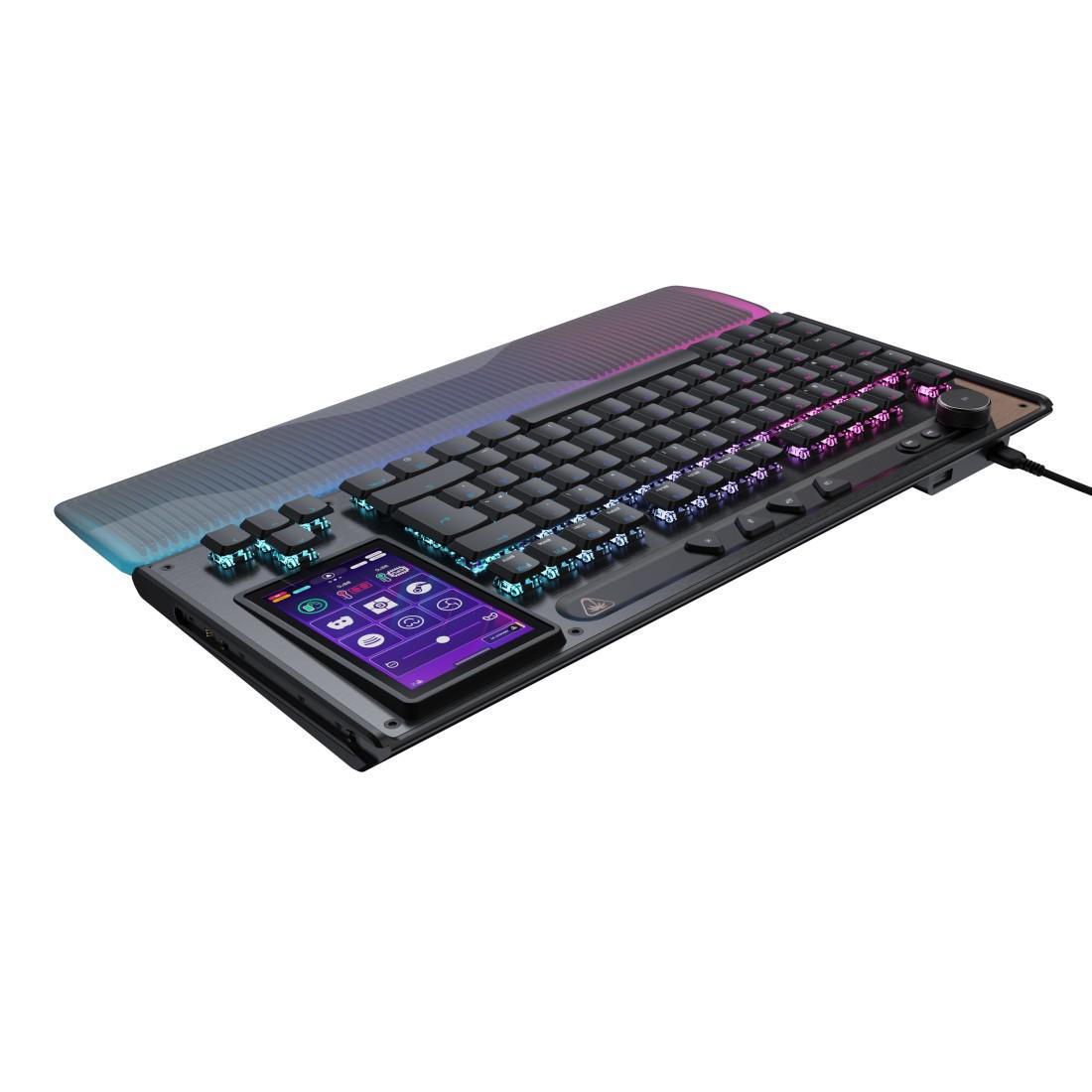 Eine schwarze Gaming-Tastatur mit kleinem Bildschirm und RGB-Beleuchtung.