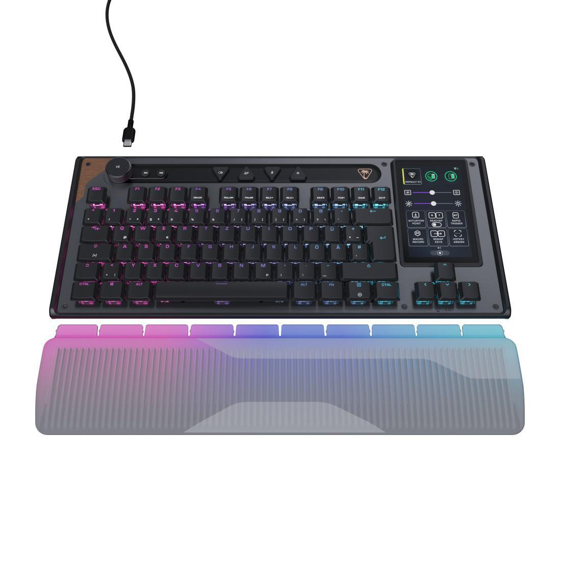 Eine schwarze Tastatur mit RGB-Beleuchtung und einer Handballenauflage.