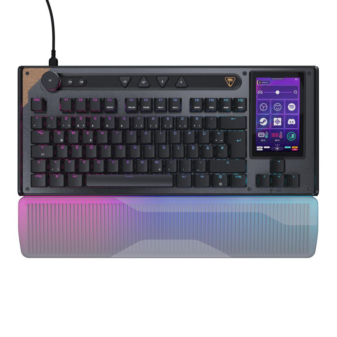 Eine schwarze Tastatur mit Holzakzenten und einem LCD-Bildschirm, beleuchtet von unten.