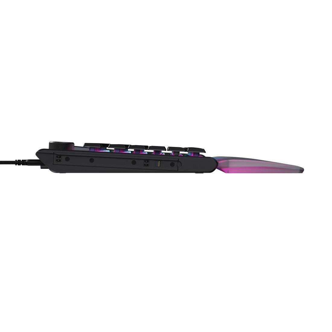 Schwarze Tastatur mit RGB-Beleuchtung und abnehmbarer Handauflage.