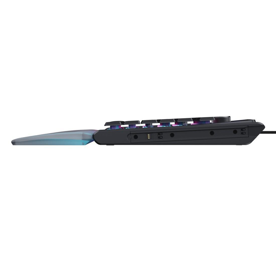 Ein schwarzes Gaming-Keyboard mit RGB-Beleuchtung und Handballenauflage.